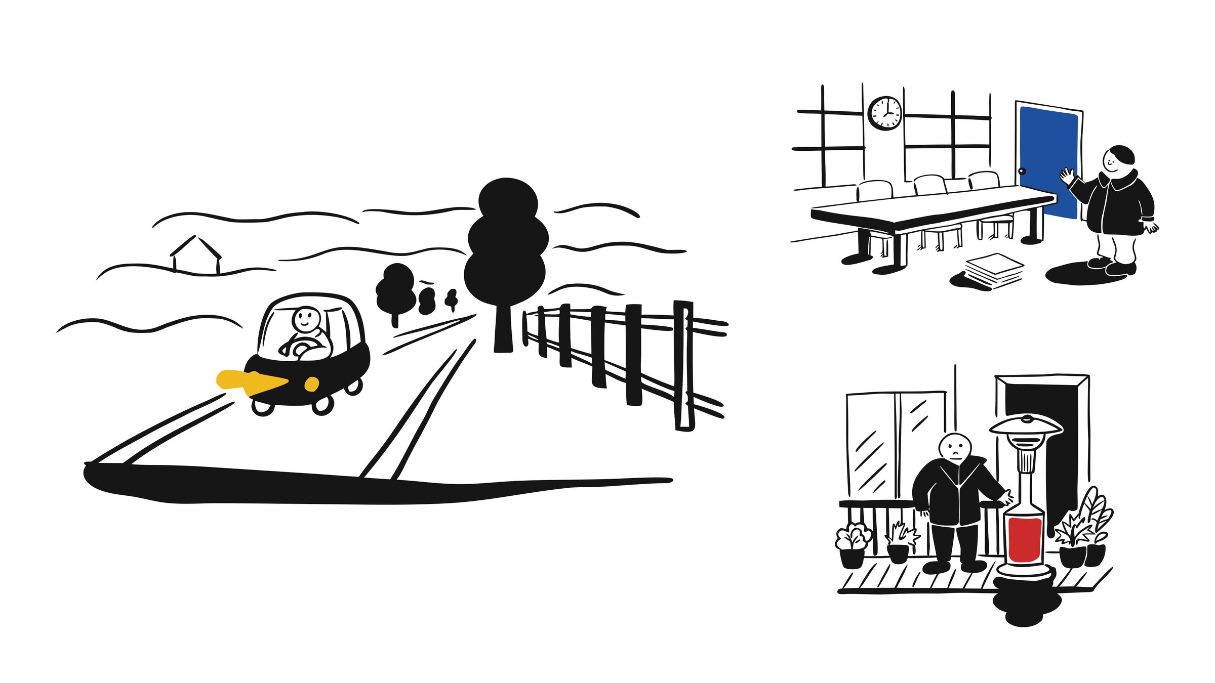 Three Lantern illustrations: a driver on a foggy country road, a council room with a blue door, and a patio heater with a red tank