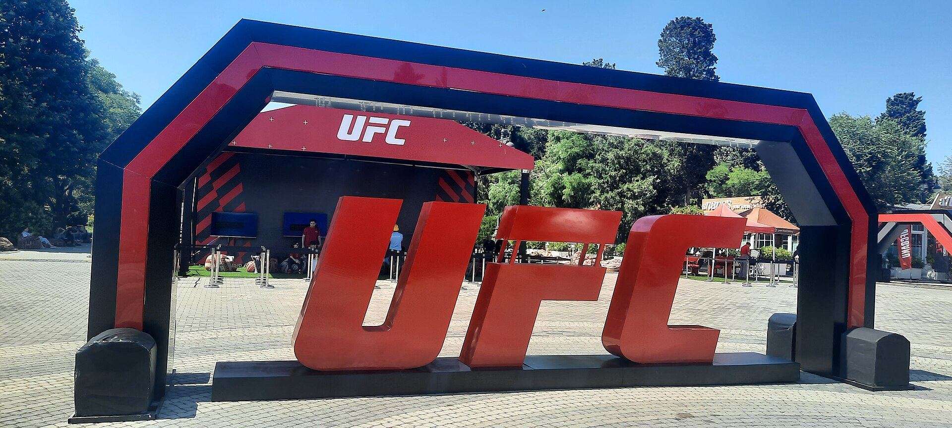 A giant UFC entrance arch at the fan zone on Baku Boulevard