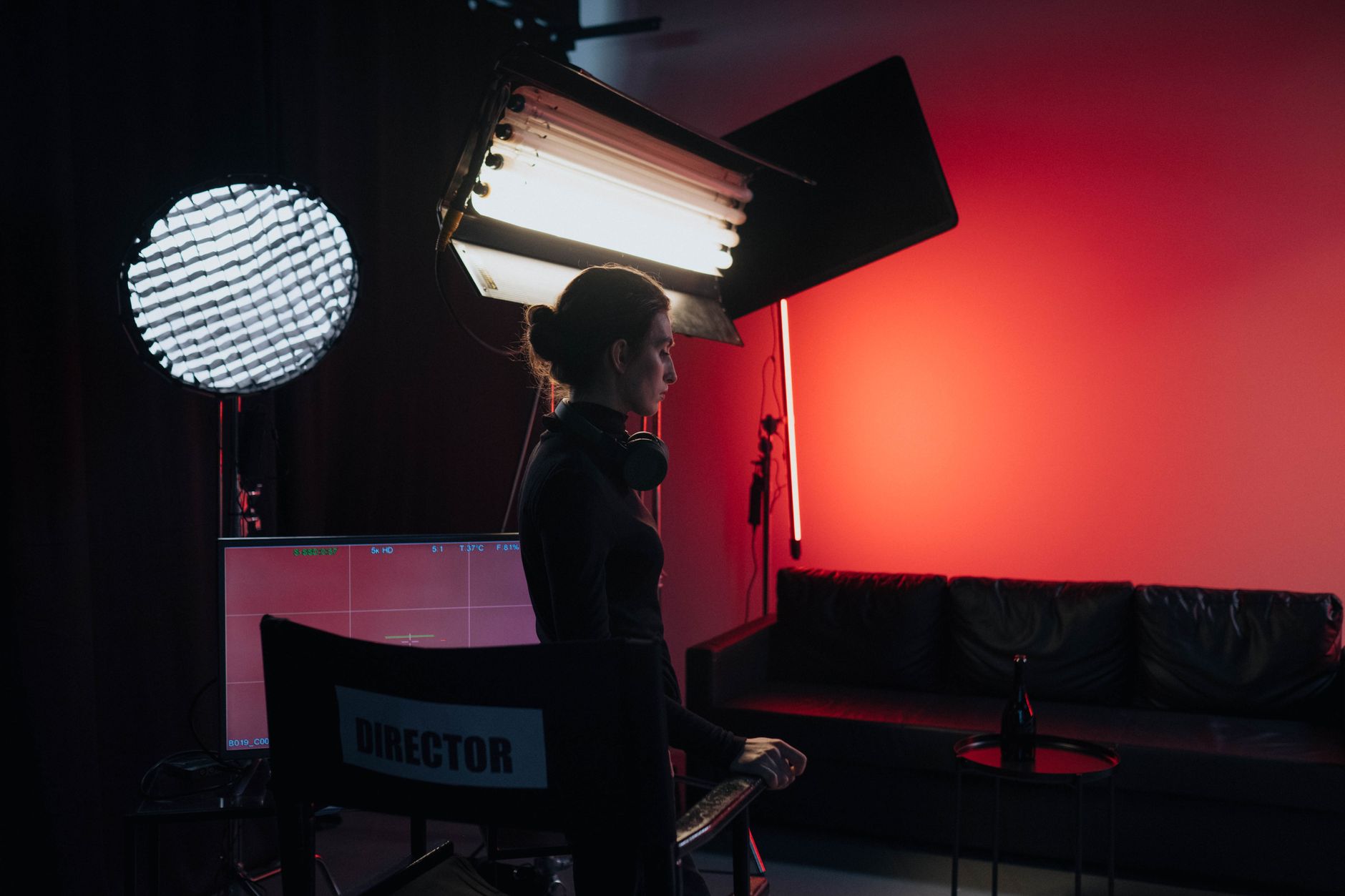 A lit film production set