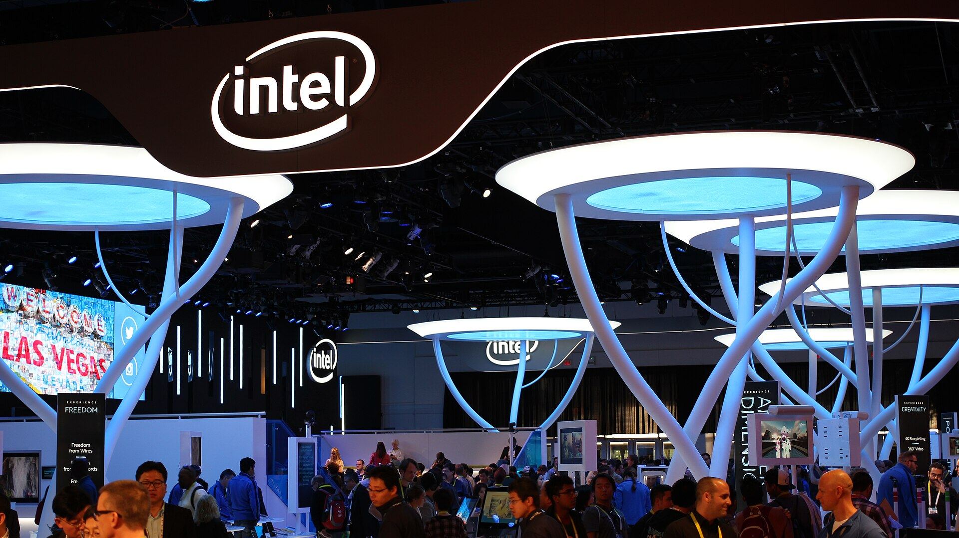 Intel's stand at CES, with tree-like white columns opening into lit canopies